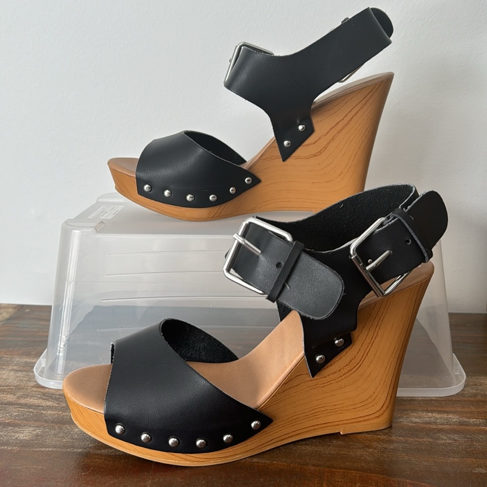 Coconuts by Matisse Peace Black Double Buckle Platform Wedge Sandal 9 - Picture 2 of 6